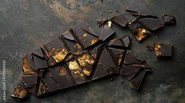 Obraz Broken dark chocolate bar with gold flakes on a textured dark surface.