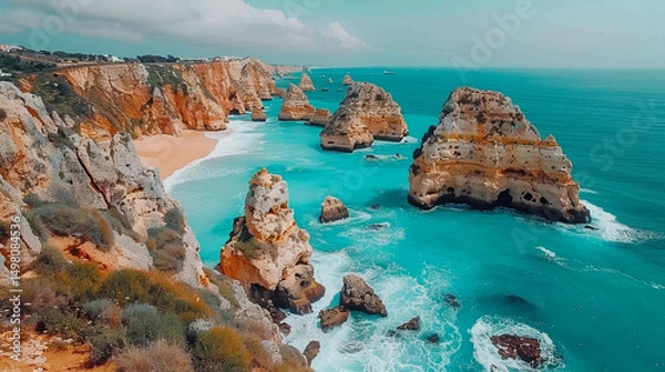 Fototapeta rocky coastline with crashing waves and  cliffs, cloudy sky