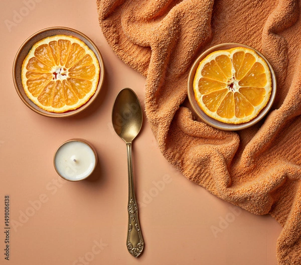 Fototapeta Sliced oranges and candle on an orange towel background  