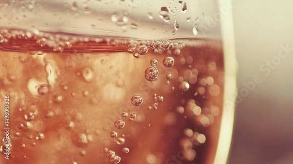 Obraz Close up of sparkling drink with bubbles, in a glass, on neutral background.