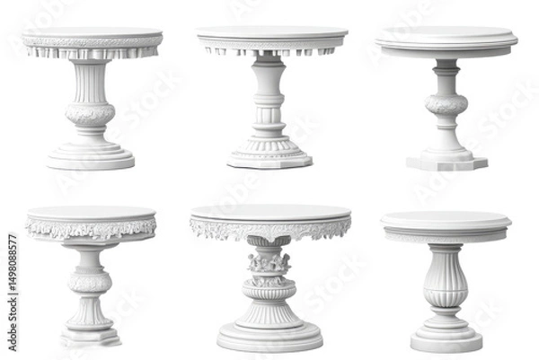 Fototapeta Six white ornate pedestal tables isolated on transparent background