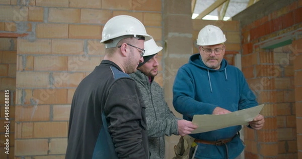 Fototapeta Construction workers discussing building plans on-site, team collaboration, three men in safety helmets reviewing architectural blueprints in an unfinished brick wall interior