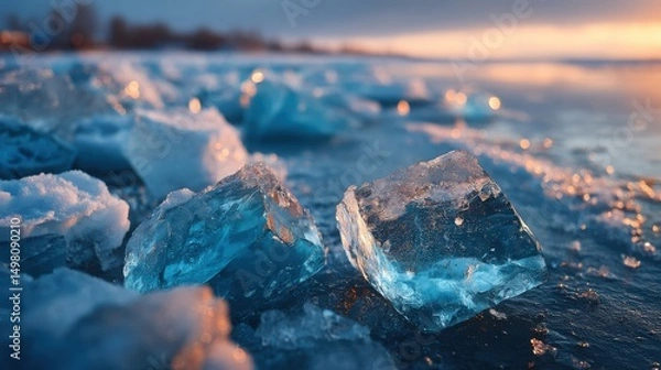 Obraz Intricate Macro Close-Up of Crystalline Frost and Translucent Ice Textures on Sea Ice Revealing Winters Ethereal Beauty