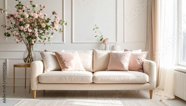 Fototapeta Chic luxury sofa with matching pillows, soft pastel colors, stylish home decor