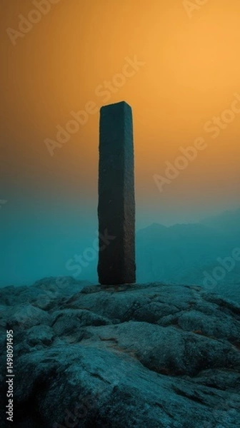 Obraz Majestic Elongated Vertical Stone Pillar Silhouette Resembling a Sentinel Against a Vibrant Sunset for Natures Grandeur