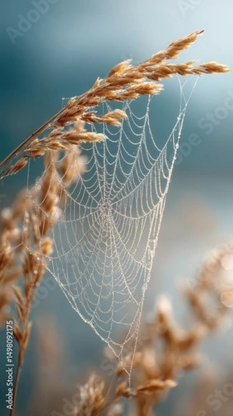 Obraz Intricate Dew-Covered Spider Web Captured in Vertical Panoramic View Amidst Dry Natural Elements Evoking Serenity and Connection to Nature