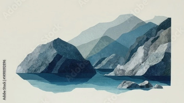 Fototapeta Minimalist Coastal Cliffs in Geometric Cut Paper Collage Showcasing Overlapping Layers and Evoking a Sense of Tranquil Escape
