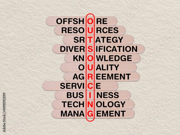 Fototapeta concept word outsourceing, crossword written on wooden stick, business outsourceing concept with copy space