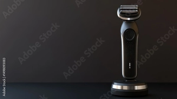 Obraz Sleek electric shaver on charging stand, product shot against a dark background.