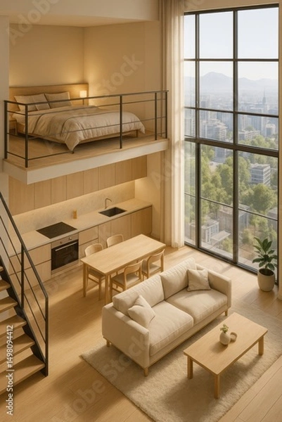 Obraz Modern Minimalist Loft Apartment Interior with Panoramic City View