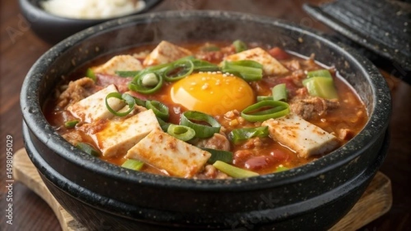 Fototapeta Spicy sundubu jjigae with tofu and egg, steaming and flavorful, traditional Korean dish served in a stone pot