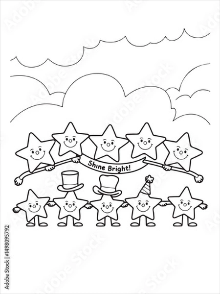 Obraz Row of Happy Star Characters Holding Hands with Hats Coloring Page