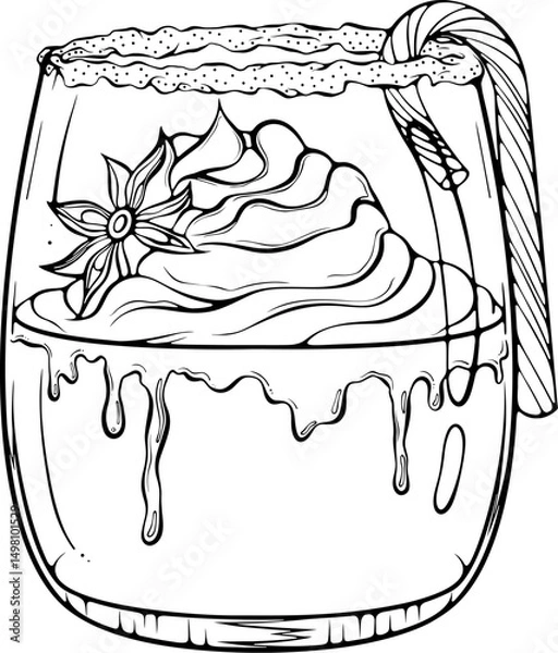 Fototapeta Festive Christmas eggnog or coffee in a glass with whipped cream, star anise, and a candy cane. Vector illustration in hand drawn sketch doodle style. Line art isolated on white for coloring book
