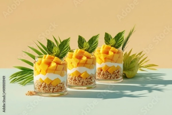 Fototapeta Layered Mango and Coconut Parfait in Clear Glass Jars, AI Generated