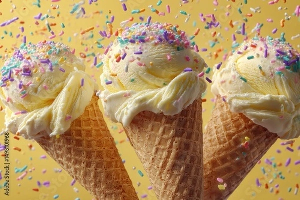 Fototapeta Melting Ice Cream Scoops in Waffle Cones on Pastel Yellow Background, AI Generated