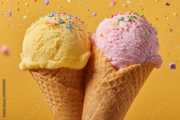 Fototapeta Melting Ice Cream Scoops in Waffle Cones on Pastel Yellow Background, AI Generated