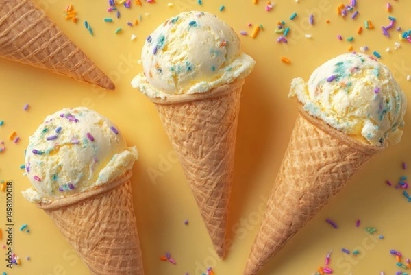 Fototapeta Melting Ice Cream Scoops in Waffle Cones on Pastel Yellow Background, AI Generated