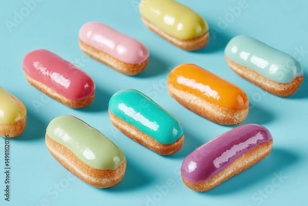 Fototapeta Mini Eclairs with Colorful Glazes Arranged Diagonally, AI Generated