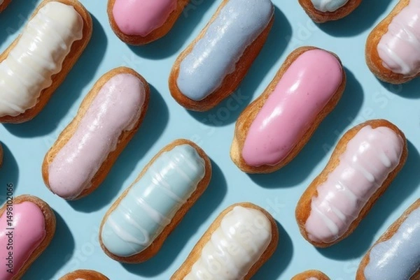 Fototapeta Mini Eclairs with Colorful Glazes Arranged Diagonally, AI Generated