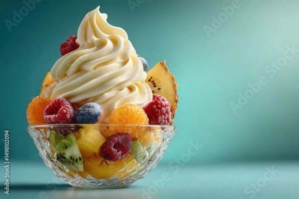 Fototapeta Vanilla Soft Serve Ice Cream with Fruit Toppings in Textured Glass Cup, AI Generated