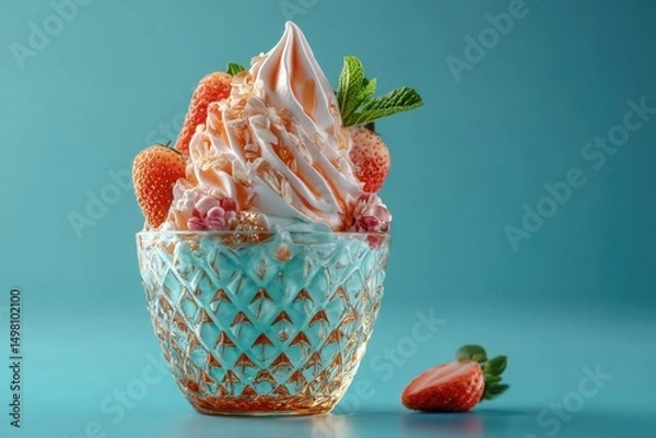 Fototapeta Vanilla Soft Serve Ice Cream with Fruit Toppings in Textured Glass Cup, AI Generated