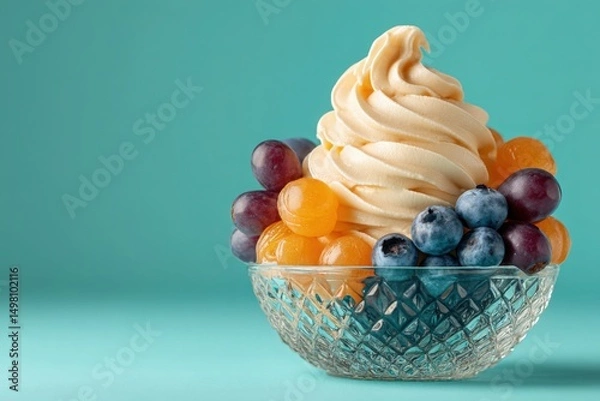 Fototapeta Vanilla Soft Serve Ice Cream with Fruit Toppings in Textured Glass Cup, AI Generated