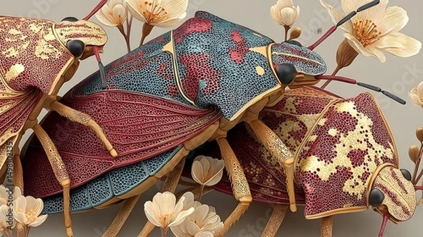 Obraz Intricate digital artwork showcasing a collection of brown marmorated stink bugs with smooth contours and refined lighting on a clean, bright backdrop for a striking visual narrative
