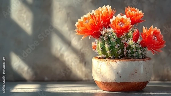 Fototapeta Hyper-realistic depiction of a rare bright red cactus in a sleek ceramic pot with sharply defined angles and illuminated by soft natural light for enhanced texture detail