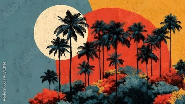 Obraz Intricate Palm Island Vector Design: Modern Tropical Seamless Pattern Showcasing Minimalist Textures and Vibrant Balanced Color Tones for Stylish Branding