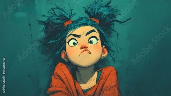 Obraz Expressionist Vector Cartoon of an Unhappy Little Girl with a Yuck Face and Exaggerated Features