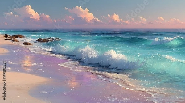 Obraz Dreamy Ethereal Tropical Beach with Crystalline Waters, Gentle Waves, and a Soft Pastel Horizon in Minimalist Art