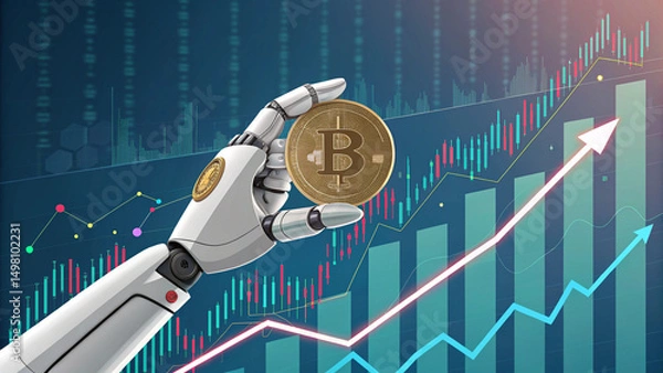 Fototapeta Robotic hand holding a bitcoin against the background of financial charts, AI