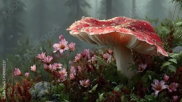 Obraz Hyper-realistic Depiction of the Stinking Russula Foetens Mushroom in a Misty Finnish Forest with Detailed Textures and Rich Organic Understory