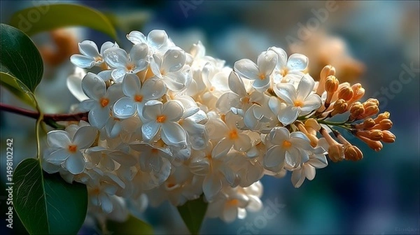 Obraz Intricate portrayal of the White Lilac Agnes Smith with pristine snow white flowers and delicate botanical details in a naturally inspired setting