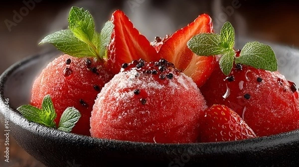 Obraz Sophisticated Handcrafted Strawberry Sorbet with Aromatic Basil Leaves, A Brilliant Fusion of Natural Vibrancy and Artistic Culinary Excellence