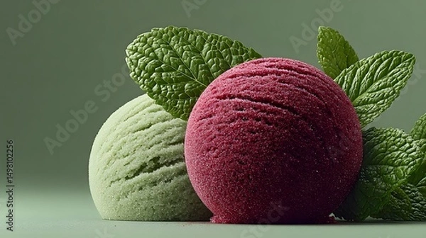 Obraz Captivating Visual Fusion of Vibrant Forest Berry Sorbet and Crisp Mint Leaves: An Enchanting Culinary Art Expression