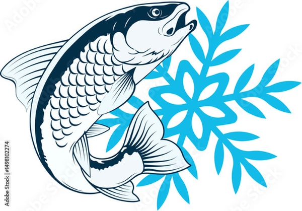 Obraz Fish and blue snowflake, symbol fresh frozen fish