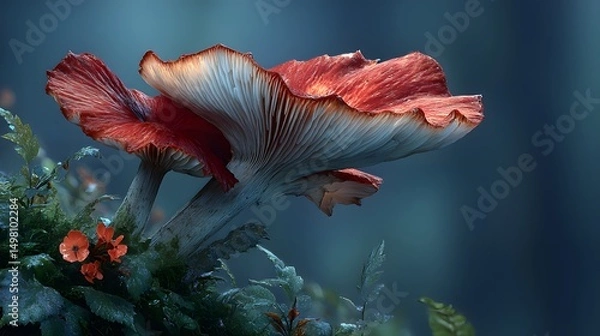 Obraz Hyper-realistic Depiction of the Stinking Russula Foetens Mushroom in a Misty Finnish Forest with Detailed Textures and Rich Organic Understory