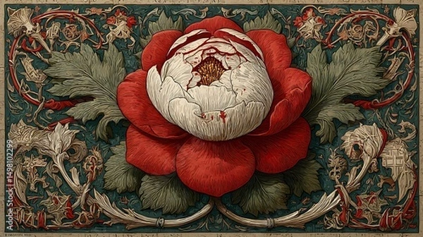 Obraz Intricate Tudor Rose Illustration on Timeless Parchment Background with Elegant Red and White Petals