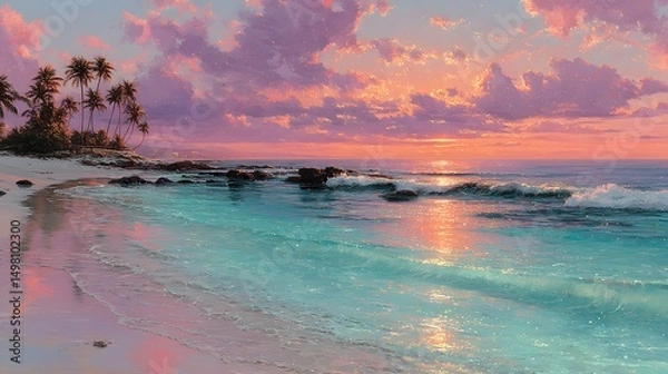 Obraz Mesmerizing Tropical Beach Sunset with Clear Waters, Artistic Flourishes, and Glowing Reflections Over Soft Sands
