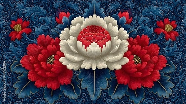 Obraz Detailed Blue and Red Traditional Damask Chintz Floral Vector Pattern with Classic Seamless Background Design Illustration