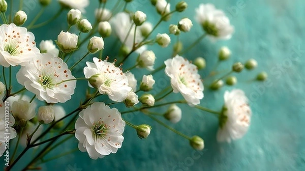 Obraz Sophisticated Flat Lay Top View Showcasing White Gypsophila with a Muted Pastel Green Background Emphasizing Natural Elegance and Creative Composition