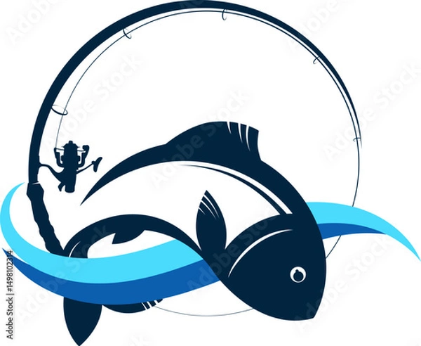 Obraz Fish on blue wave and curved fishing rod