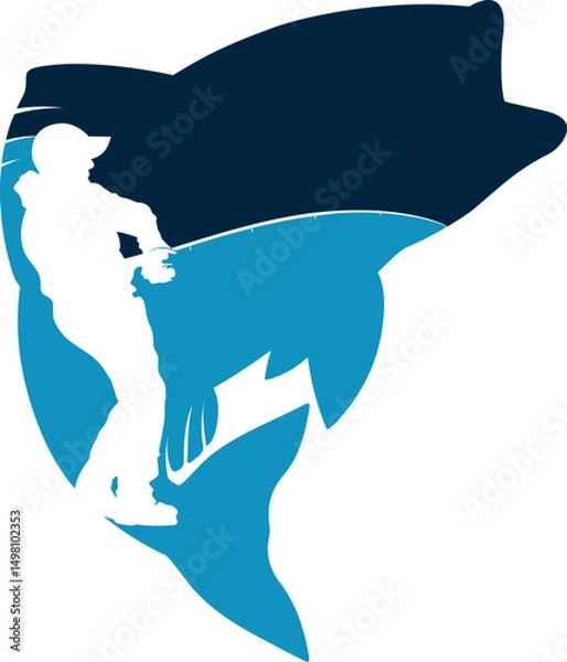 Obraz Silhouette of fish and fisherman with fishing rod, design for fishing