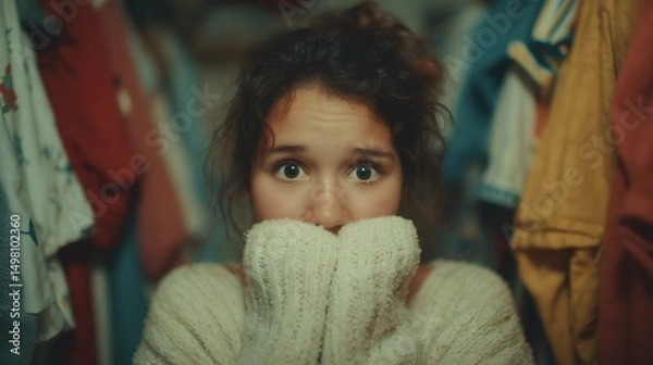 Obraz Vivid Portrayal of a Young Girl in White Facing Foul Odor from Unwashed Clothes and Expressing Dismay Over Poor Hygiene
