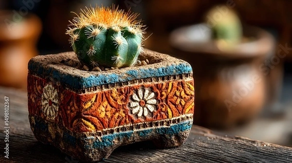 Obraz Intricate digital portrayal of a small rectangular cactus in a terracotta pot exhibiting vibrant red hues and detailed textures for a modern indoor art display
