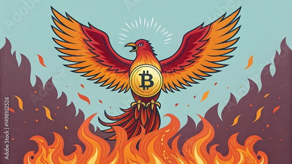 Fototapeta A phoenix rising from flames with a Bitcoin symbol on its chest, symbolizing market surge, AI