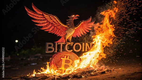 Fototapeta A phoenix rising from flames with a Bitcoin symbol on its chest, symbolizing market surge, AI