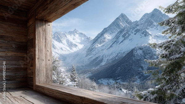 Fototapeta small wooden-framed window in a cozy mountain cabin