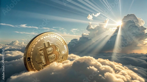 Fototapeta A golden Bitcoin coin breaking through clouds with beams of sunlight, symbolizing growth and success, AI